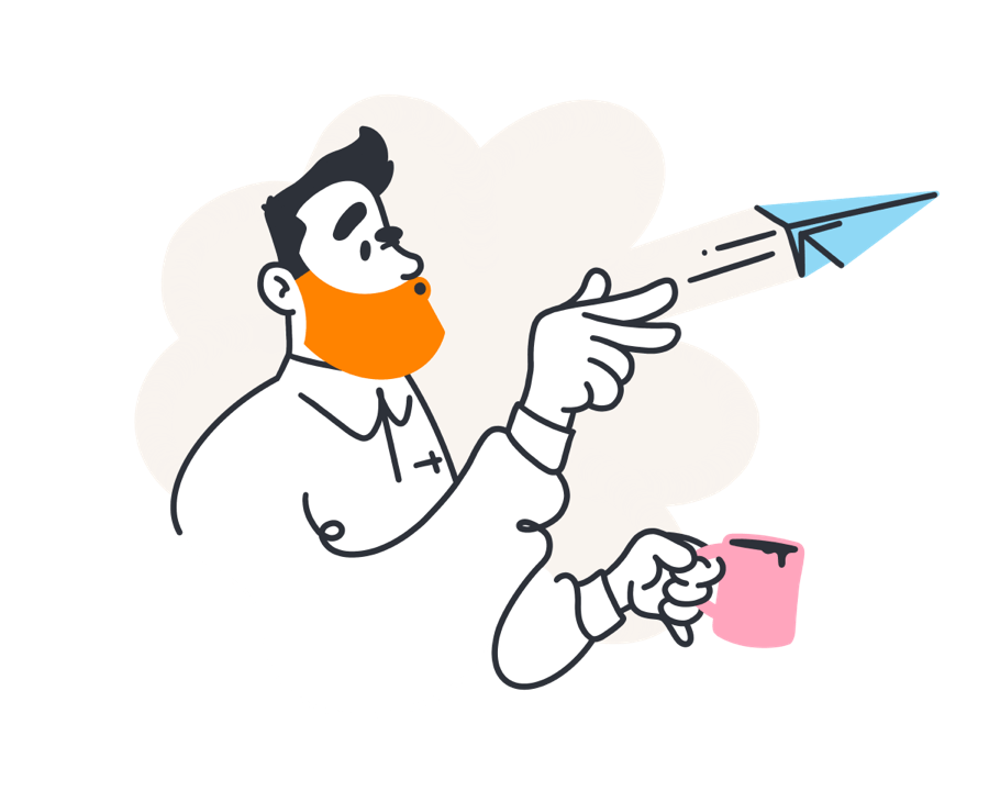 Caricature illustration of eds throwing a paper airplane while drinking tea