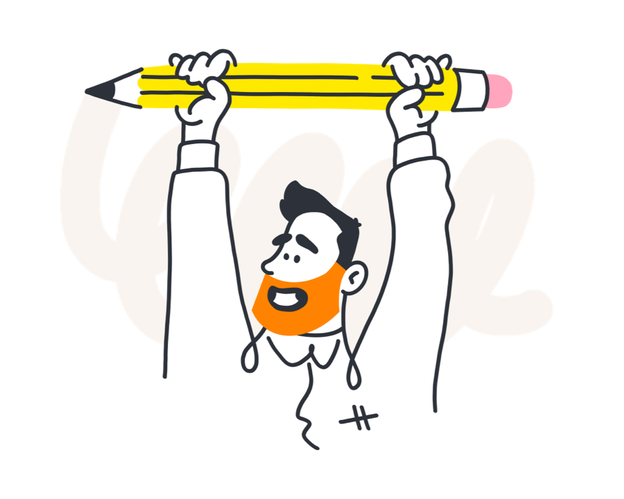 Caricature illustration of eds holding an oversized pencil overhead